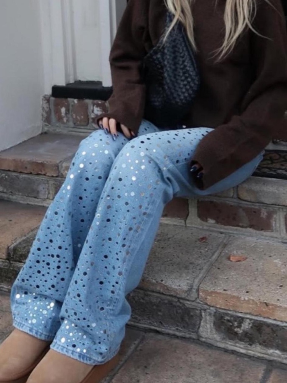 Zara Light Blue Eyelet Wide-Leg Jeans